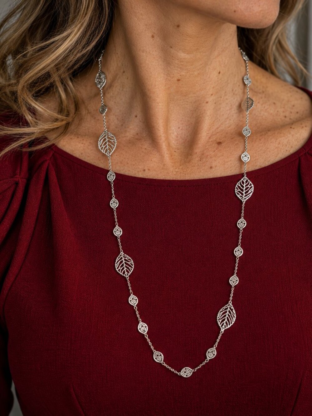 Cookie Lee Long Leaf Station Necklace Silver Tone Openwork 35" Signed